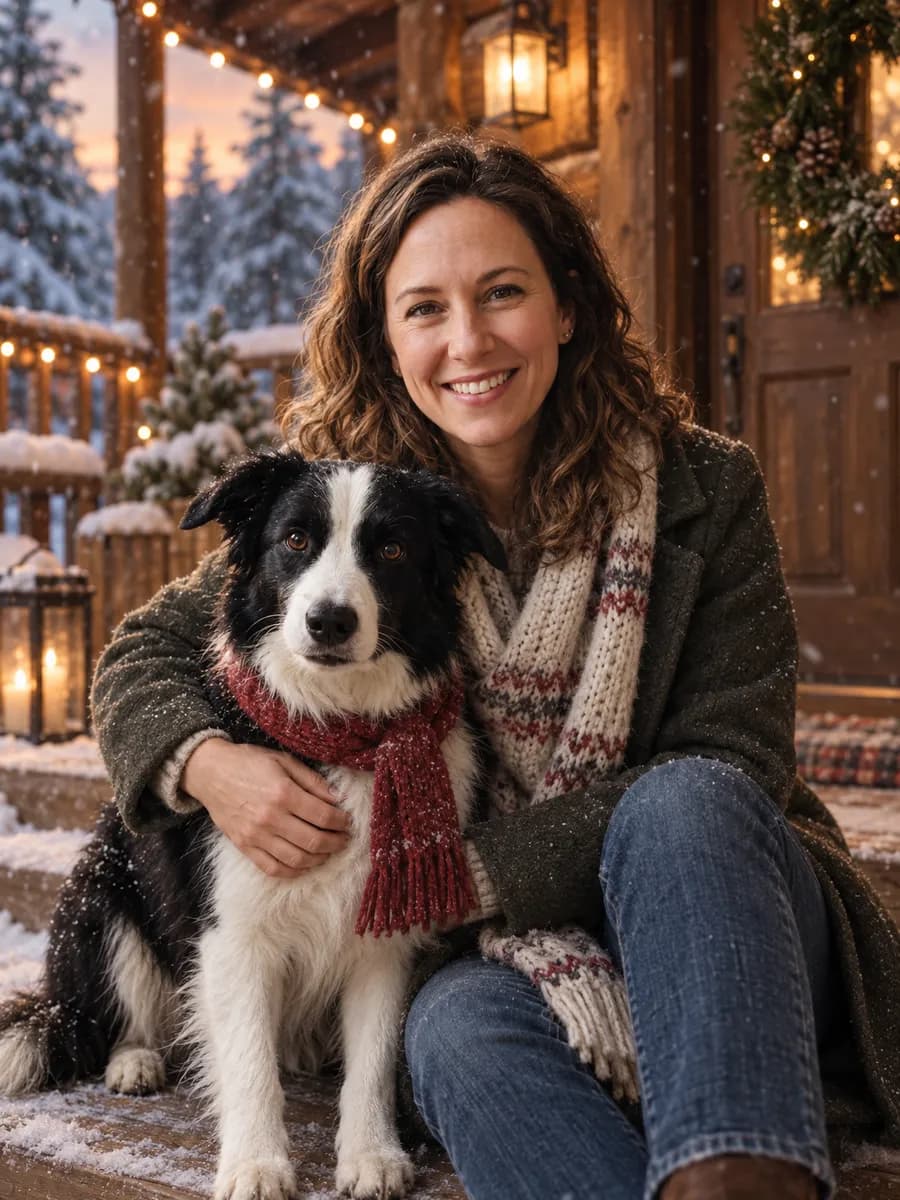 Snowy cabin porch portrait example