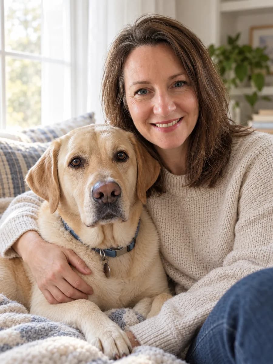 Portrait of the woman and her Labrador on a sunny window seat
