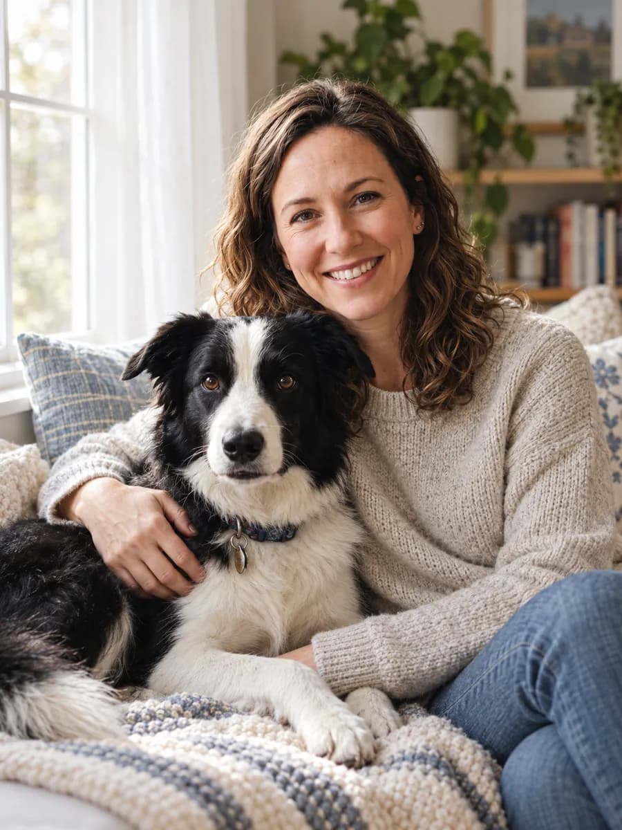 Portrait of the woman and her border collie on a sunny window seat