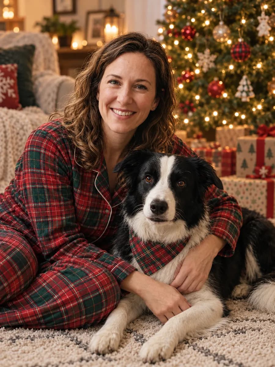 Christmas portrait of the woman and her border collie in matching tartan by the tree